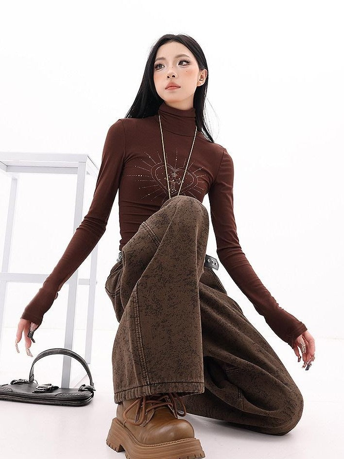 QIUQIU STUDIO Tall Leopard Jacquard Natural Waist Pockets Fleece Lined Women&