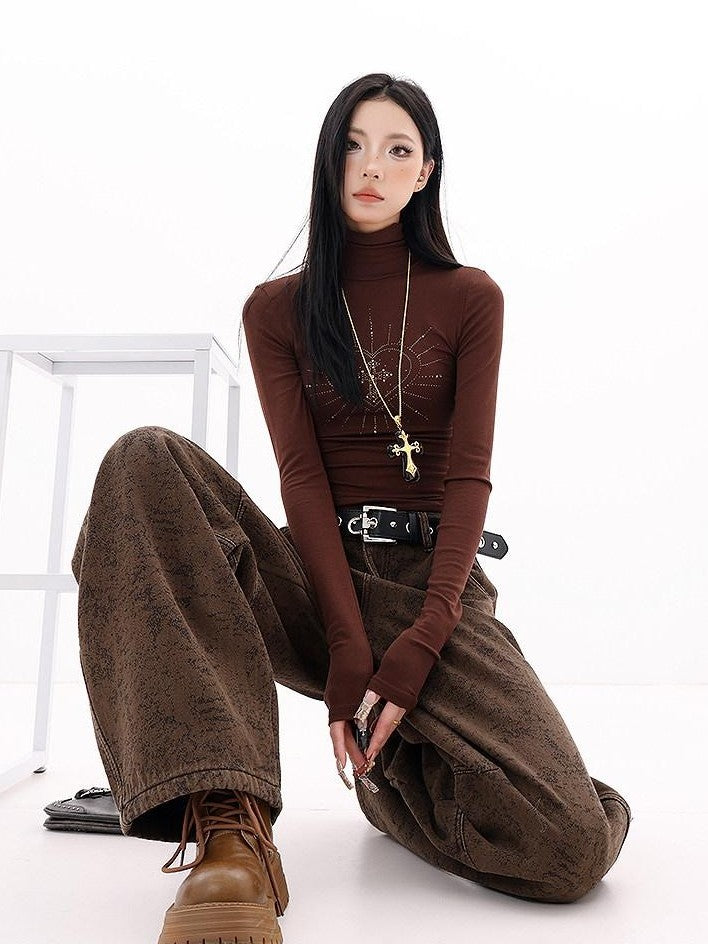 QIUQIU STUDIO Tall Leopard Jacquard Natural Waist Pockets Fleece Lined Women&