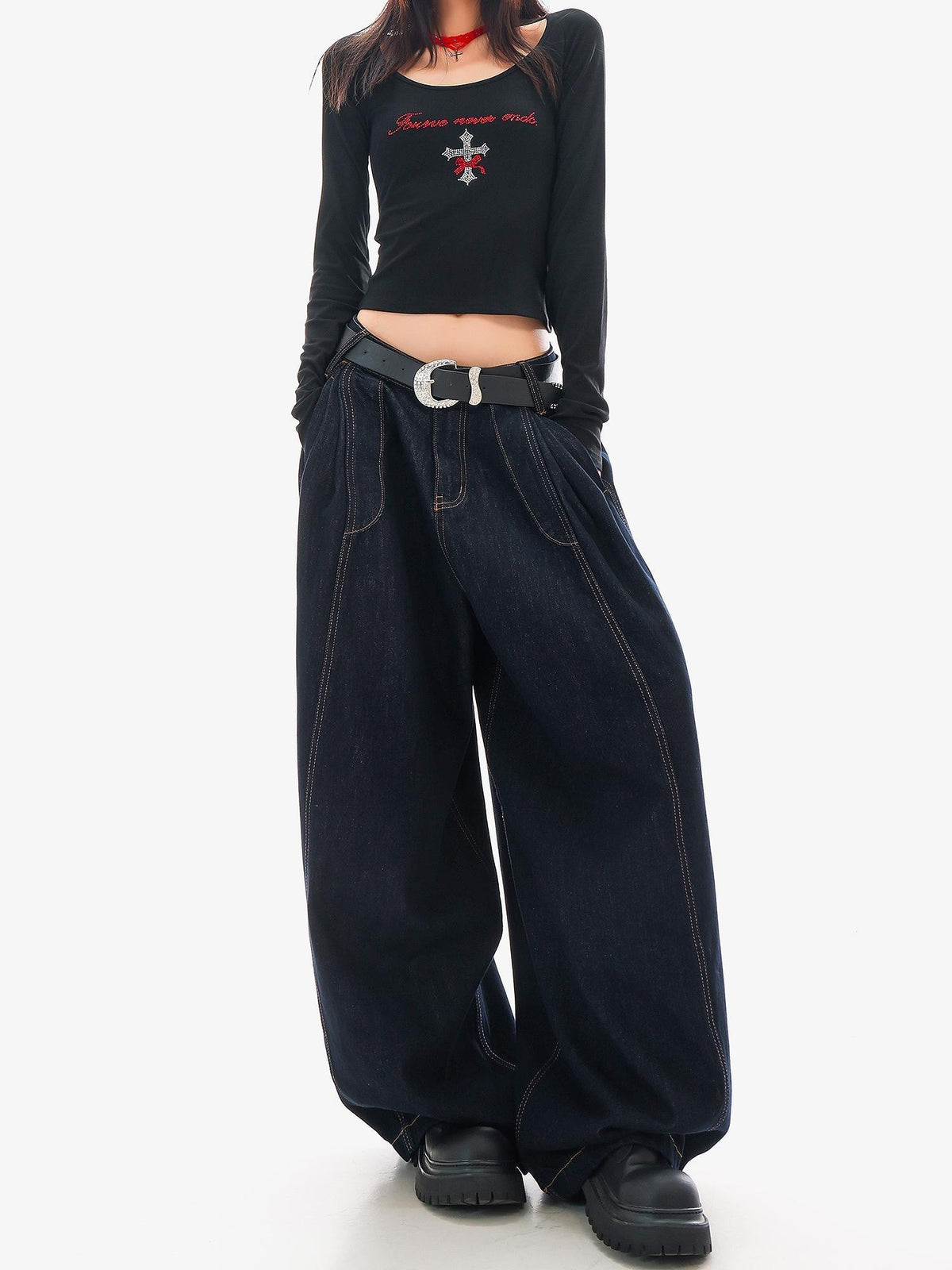 QIUQIU STUDIO Tall Loose Drapey Floor Length Wide-leg Jeans Women&