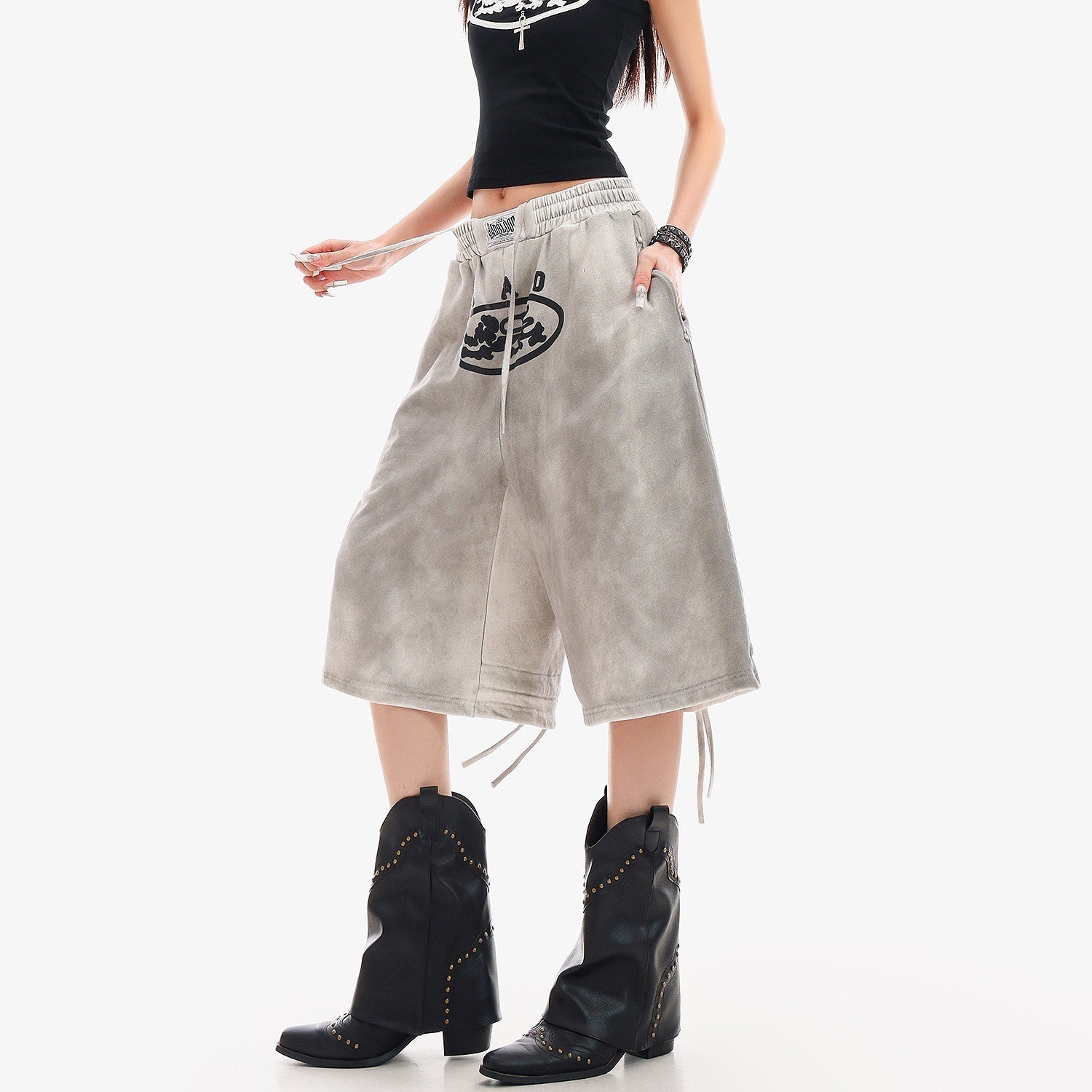 QIUQIU_STUDIO_Tie_Dye_Letter_Print_Drawstring_Pocket_Elastic_Waist_Women&