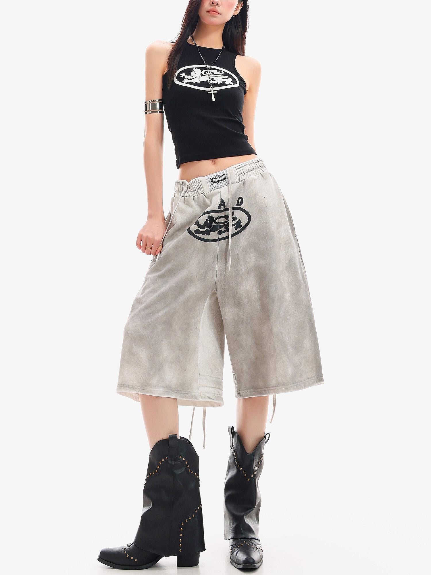 QIUQIU STUDIO Tie Dye Letter Print Drawstring Pocket Elastic Waist Women&