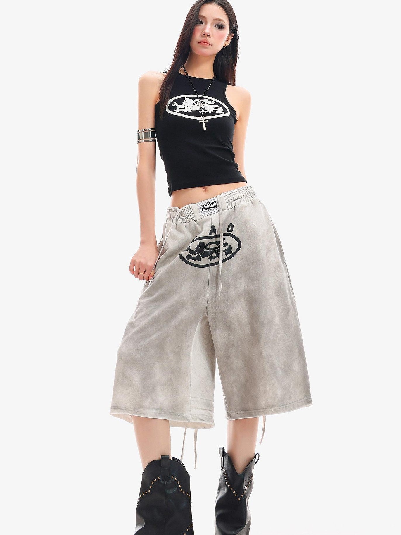 QIUQIU STUDIO Tie Dye Letter Print Drawstring Pocket Elastic Waist Women&