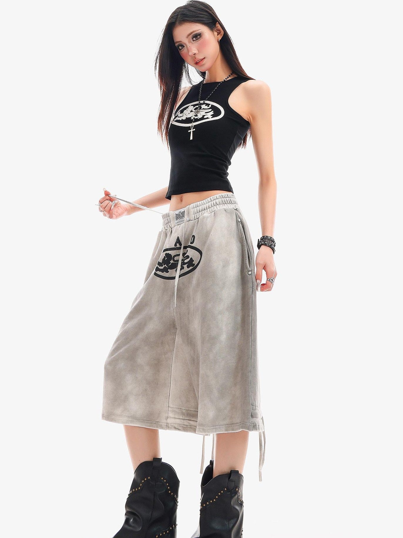 QIUQIU STUDIO Tie Dye Letter Print Drawstring Pocket Elastic Waist Women&