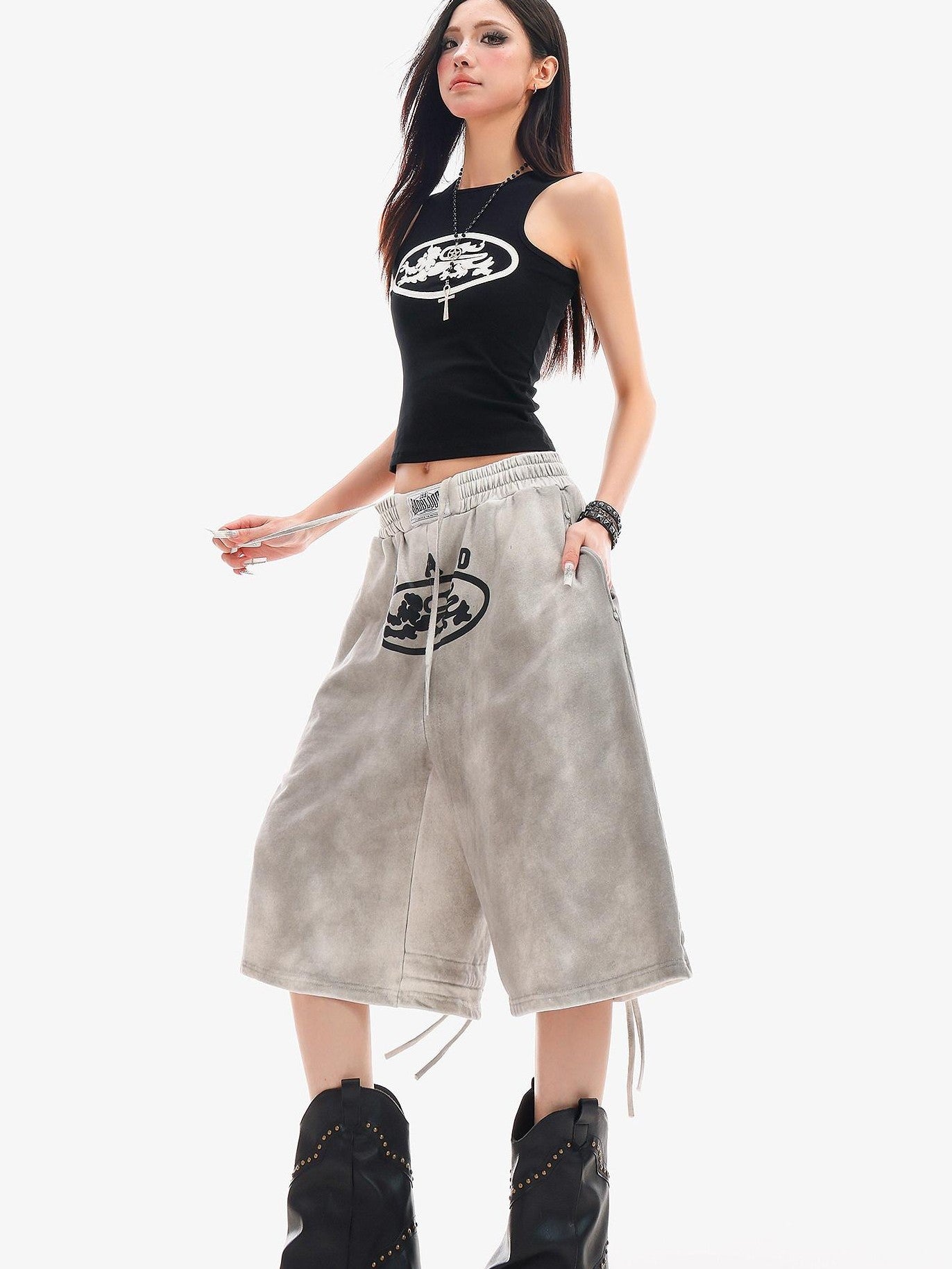 QIUQIU STUDIO Tie Dye Letter Print Drawstring Pocket Elastic Waist Women&