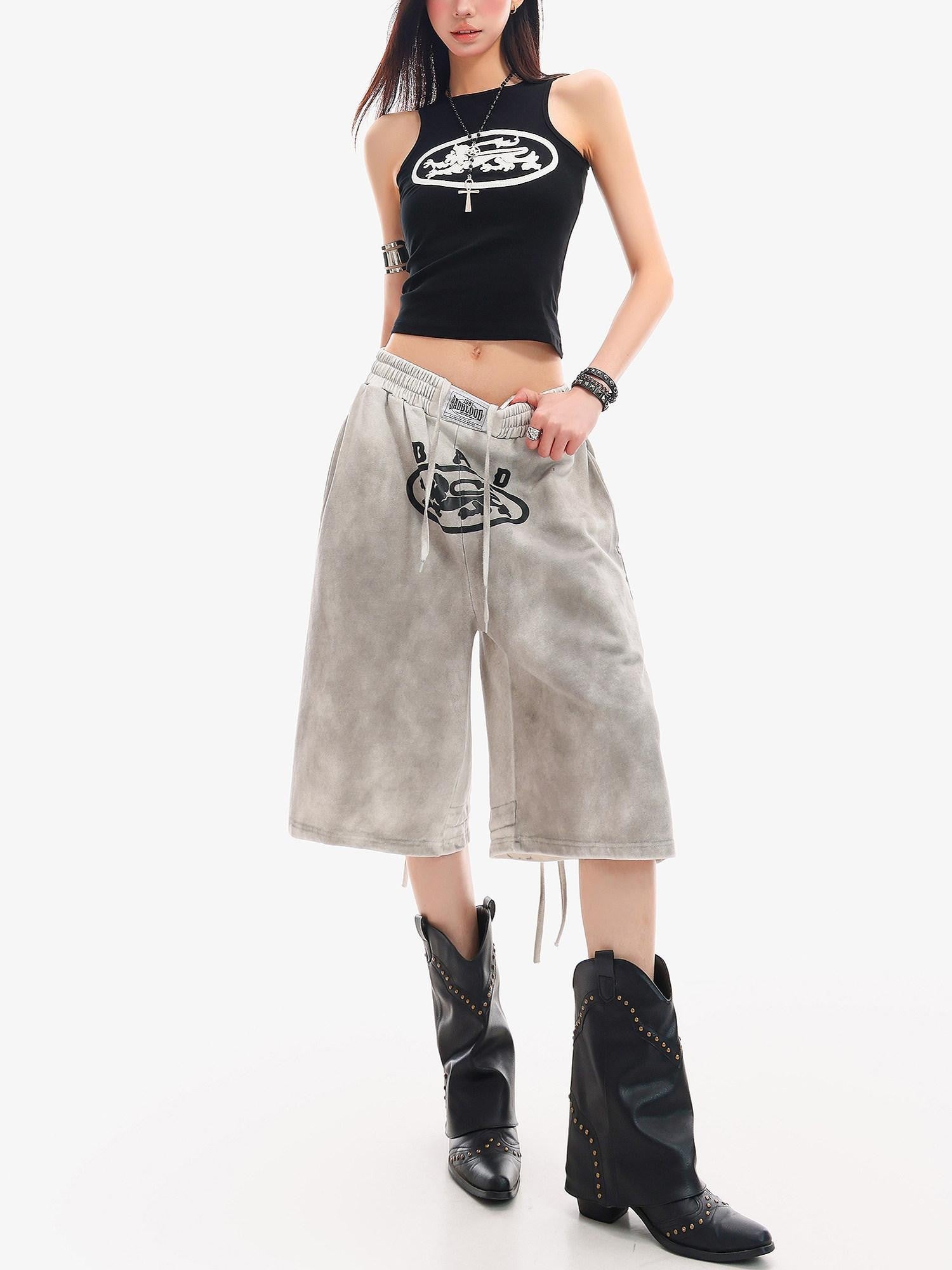 QIUQIU STUDIO Tie Dye Letter Print Drawstring Pocket Elastic Waist Women&