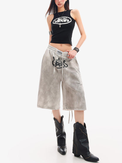QIUQIU STUDIO Tie Dye Letter Print Drawstring Pocket Elastic Waist Women&