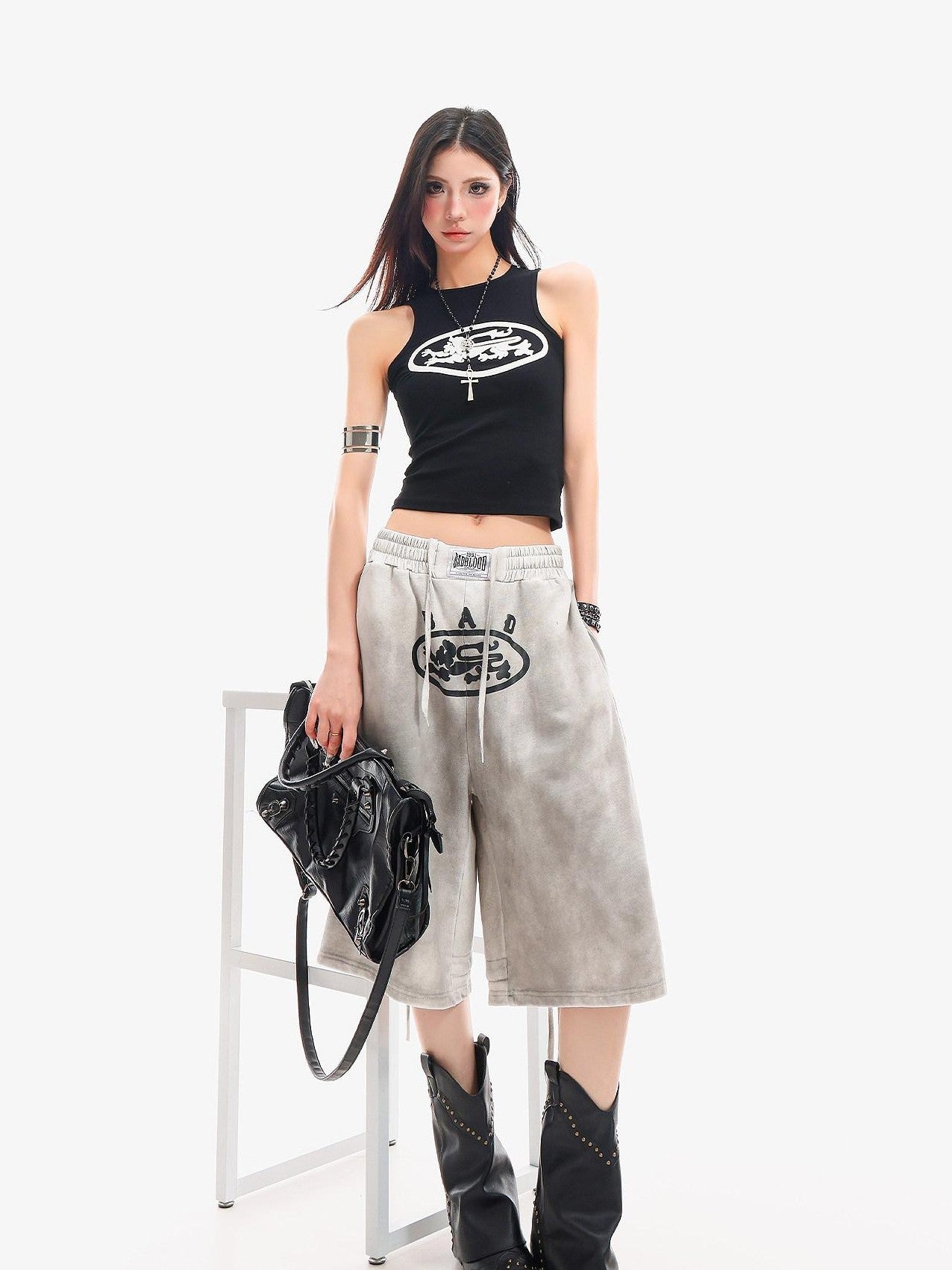 QIUQIU STUDIO Tie Dye Letter Print Drawstring Pocket Elastic Waist Women&