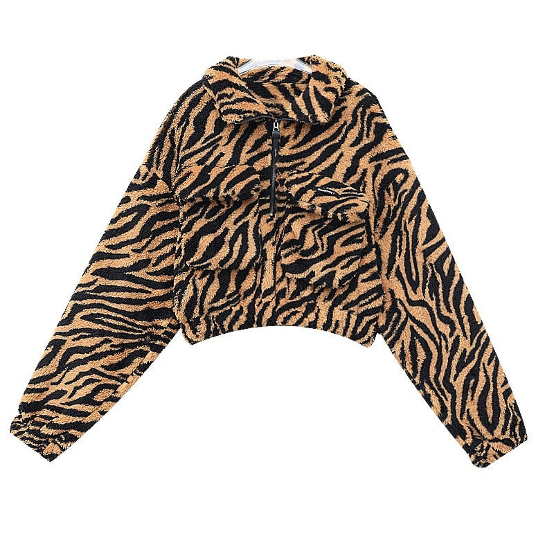 QIUQIU_STUDIO_Tiger_Print_Contrast_Stand_Collar_Fleece_Lined_Relaxed_Women&