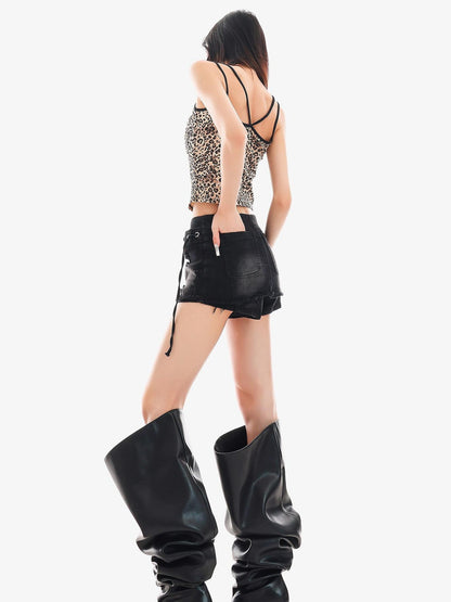QIUQIU STUDIO Vintage Black Distressed Lace Up Patchwork Women&