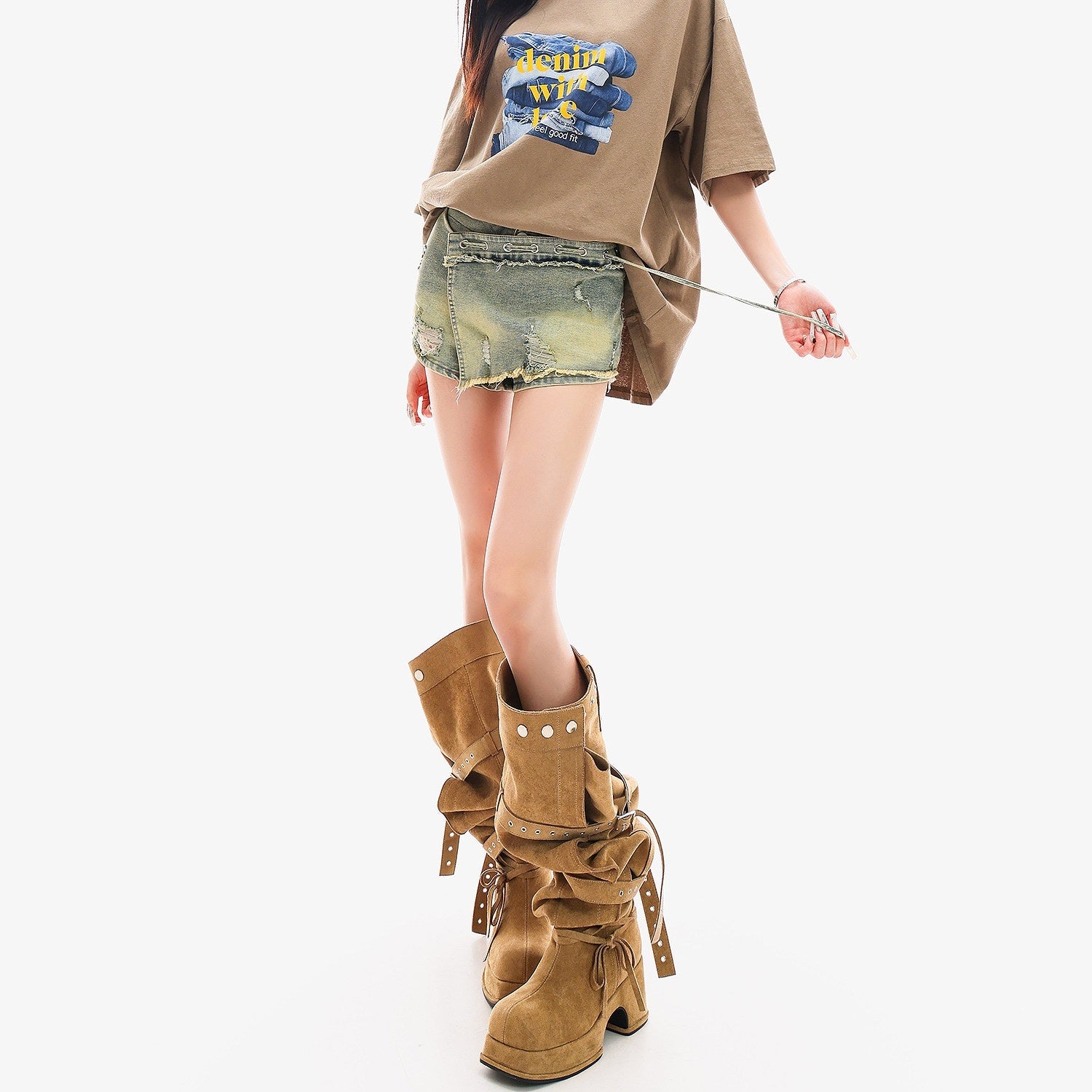 QIUQIU_STUDIO_Vintage_Blue_Asymmetrical_Ripped_Slim_Skirted_Hot_Girl_Women&