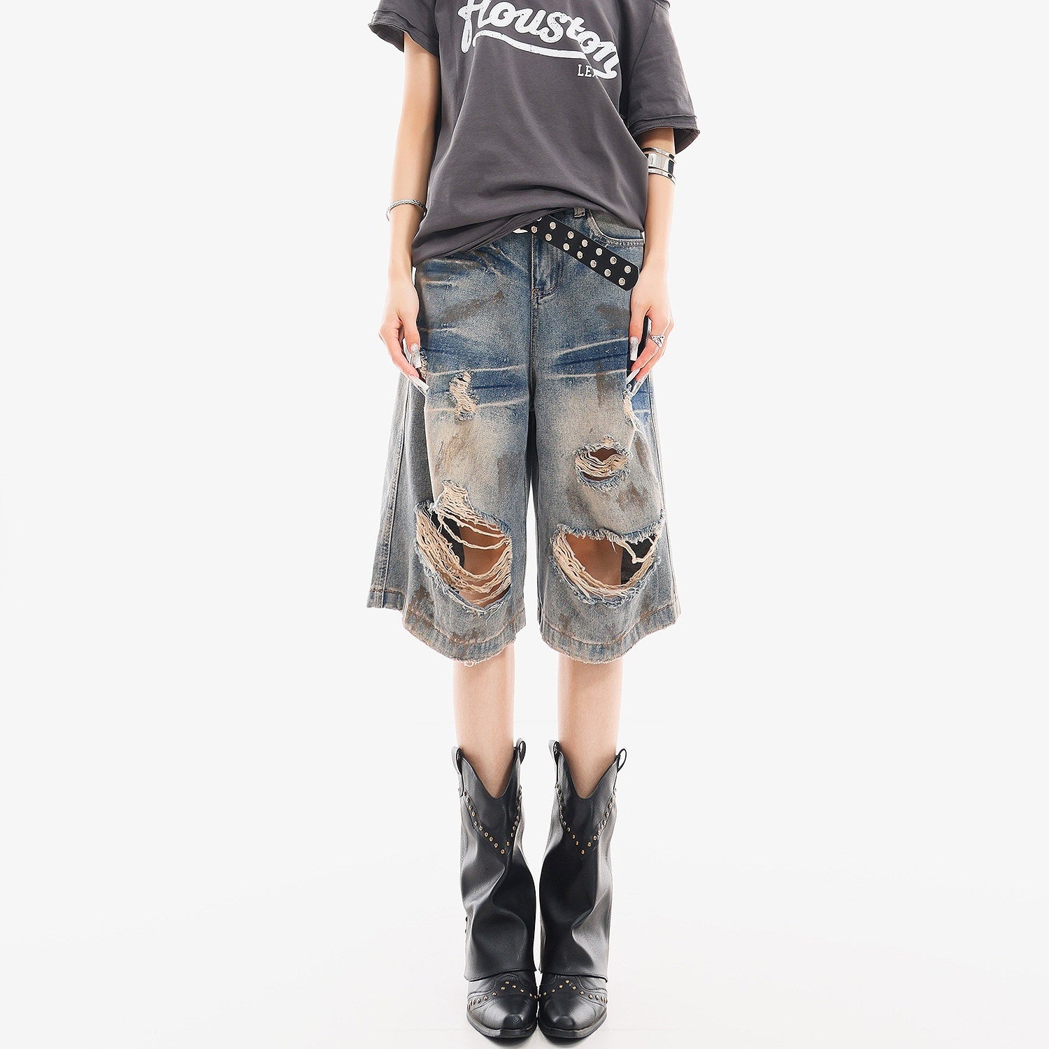 QIUQIU_STUDIO_Vintage_Blue_Graffiti_Ripped_Fringed_Wideleg_Women&