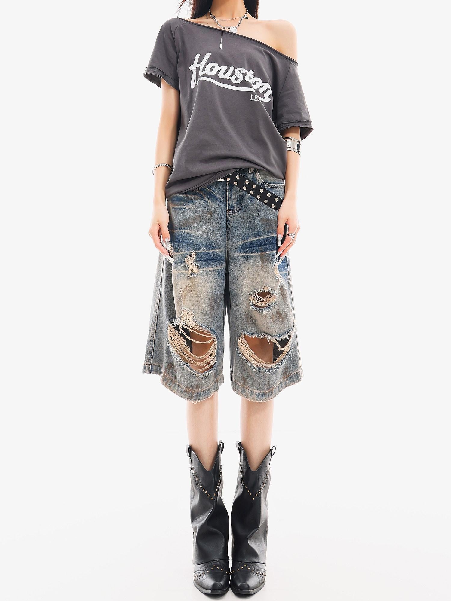 QIUQIU STUDIO Vintage Blue Graffiti Ripped Fringed Wideleg Women&