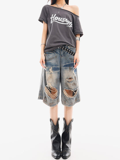 QIUQIU STUDIO Vintage Blue Graffiti Ripped Fringed Wideleg Women&
