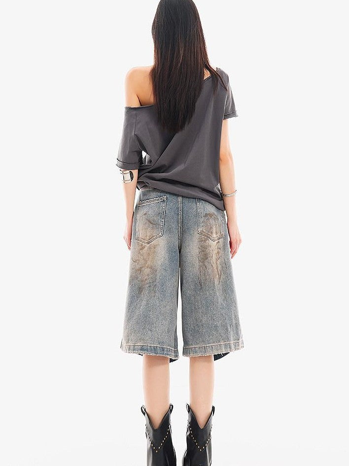 QIUQIU STUDIO Vintage Blue Graffiti Ripped Fringed Wideleg Women&