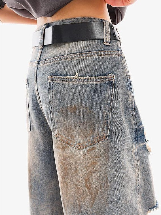 QIUQIU STUDIO Vintage Blue Graffiti Ripped Fringed Wideleg Women&