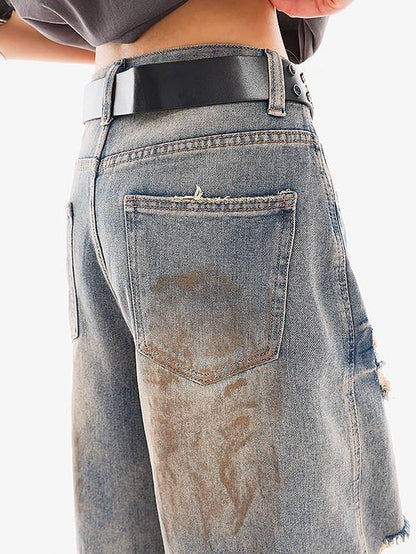 QIUQIU STUDIO Vintage Blue Graffiti Ripped Fringed Wideleg Women&