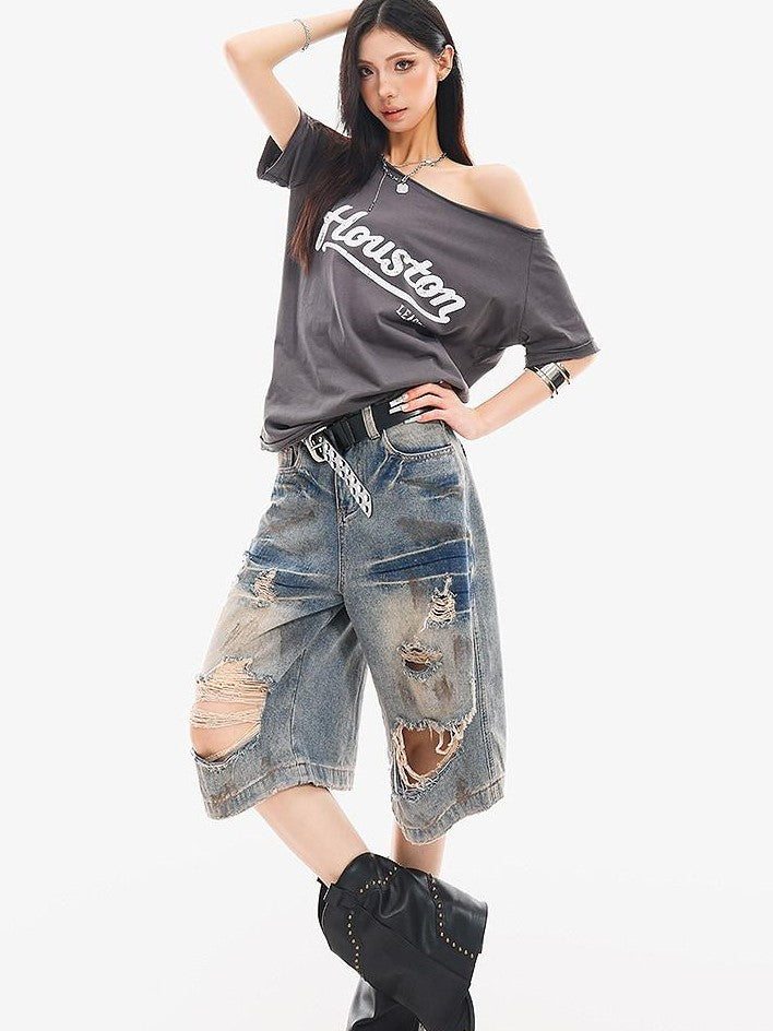 QIUQIU STUDIO Vintage Blue Graffiti Ripped Fringed Wideleg Women&