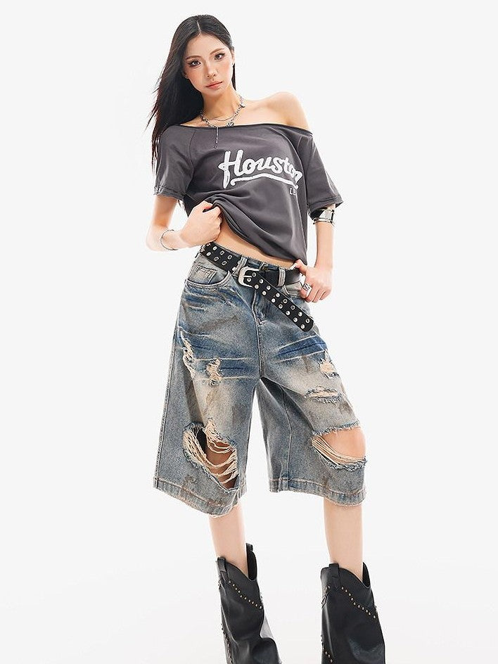 QIUQIU STUDIO Vintage Blue Graffiti Ripped Fringed Wideleg Women&