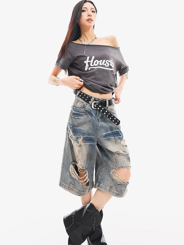 QIUQIU STUDIO Vintage Blue Graffiti Ripped Fringed Wideleg Women&