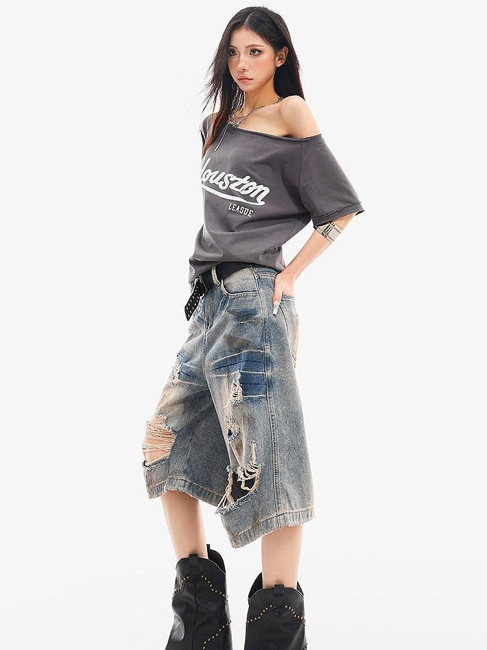 QIUQIU STUDIO Vintage Blue Graffiti Ripped Fringed Wideleg Women&