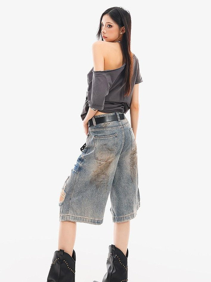 QIUQIU STUDIO Vintage Blue Graffiti Ripped Fringed Wideleg Women&