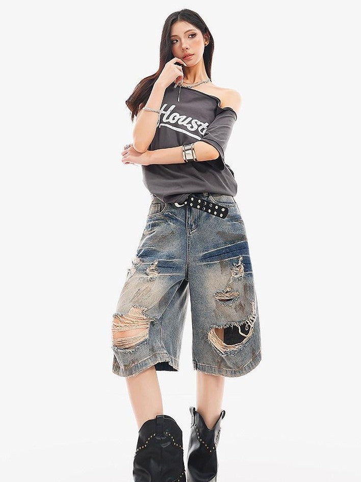 QIUQIU STUDIO Vintage Blue Graffiti Ripped Fringed Wideleg Women&