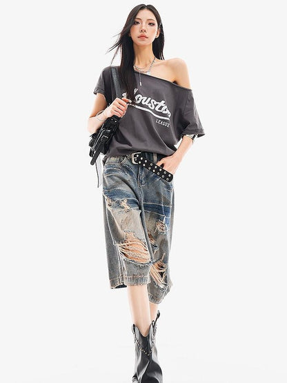 QIUQIU STUDIO Vintage Blue Graffiti Ripped Fringed Wideleg Women&