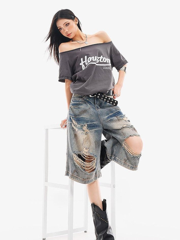 QIUQIU STUDIO Vintage Blue Graffiti Ripped Fringed Wideleg Women&