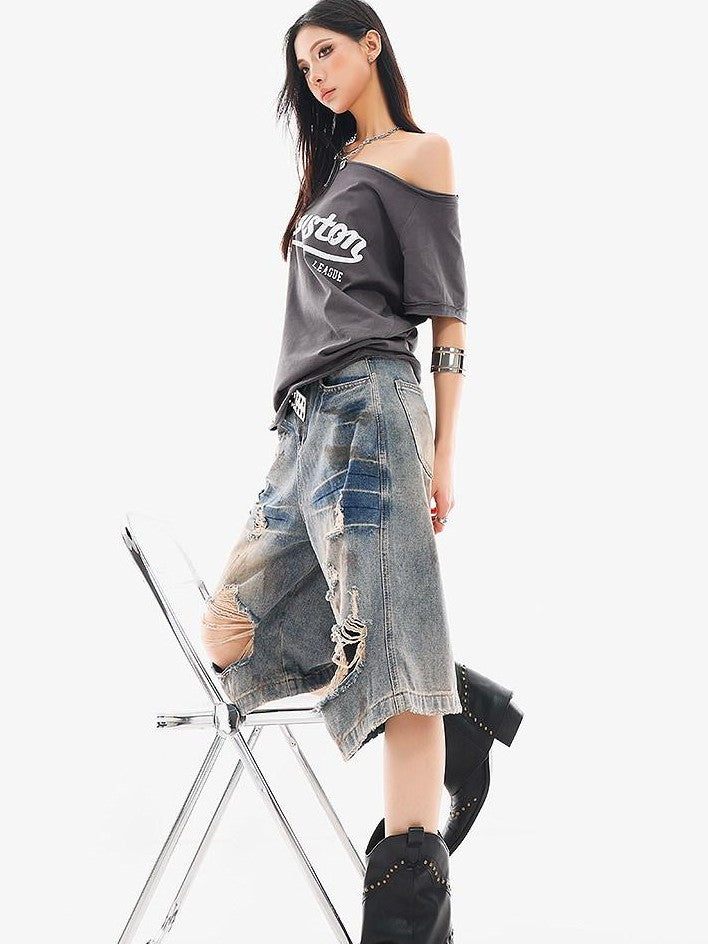 QIUQIU STUDIO Vintage Blue Graffiti Ripped Fringed Wideleg Women&