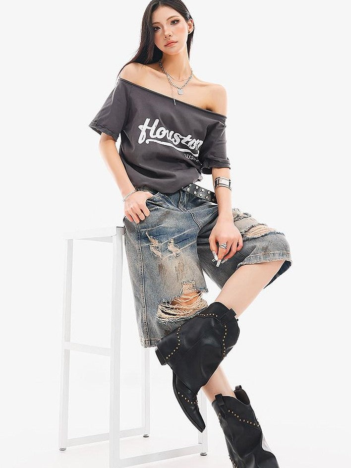 QIUQIU STUDIO Vintage Blue Graffiti Ripped Fringed Wideleg Women&