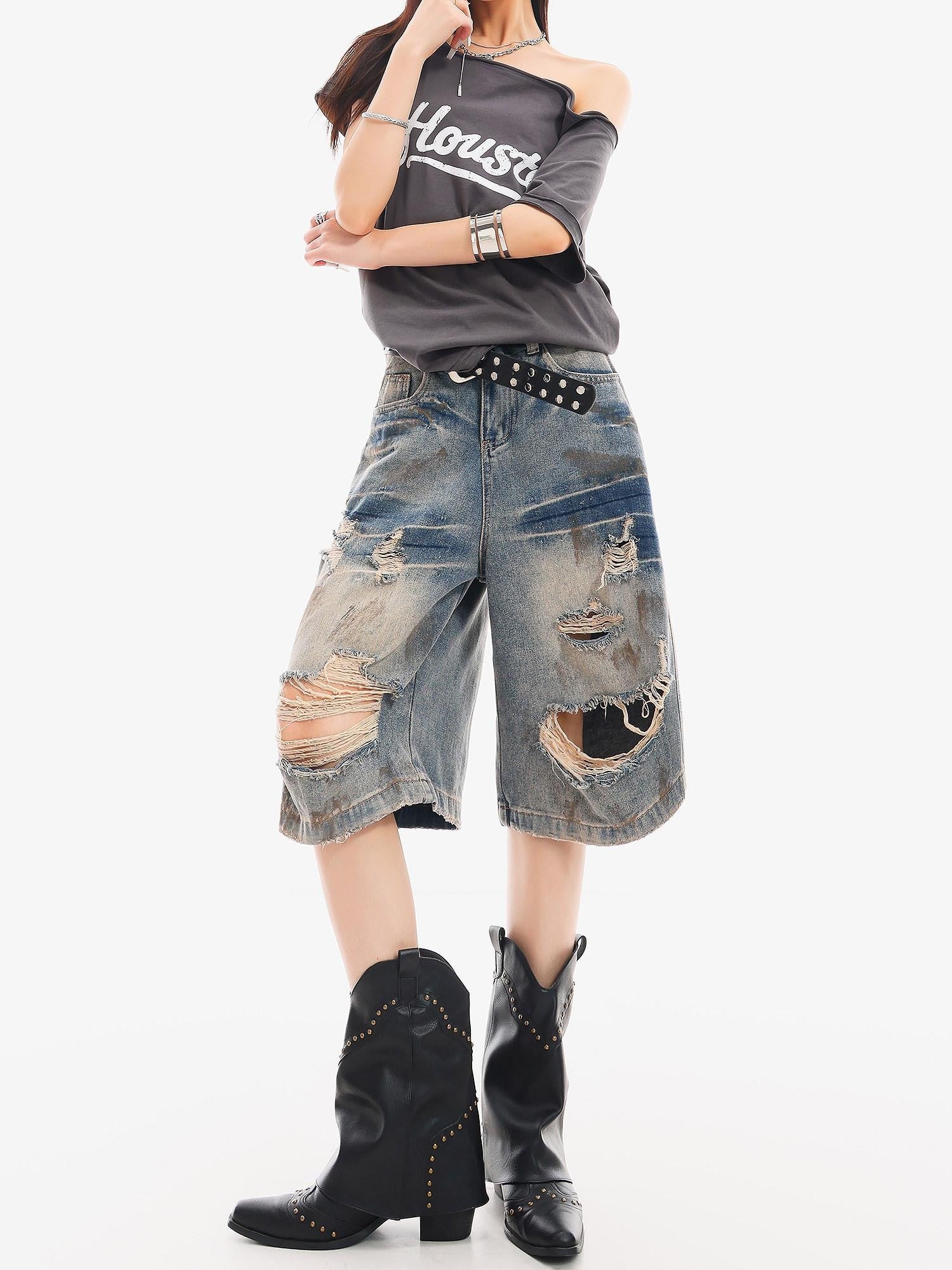 QIUQIU STUDIO Vintage Blue Graffiti Ripped Fringed Wideleg Women&