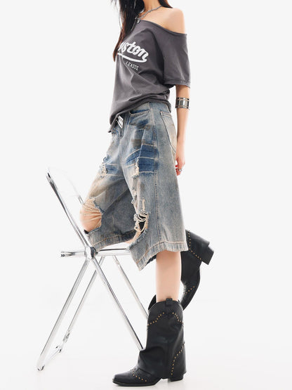 QIUQIU STUDIO Vintage Blue Graffiti Ripped Fringed Wideleg Women&