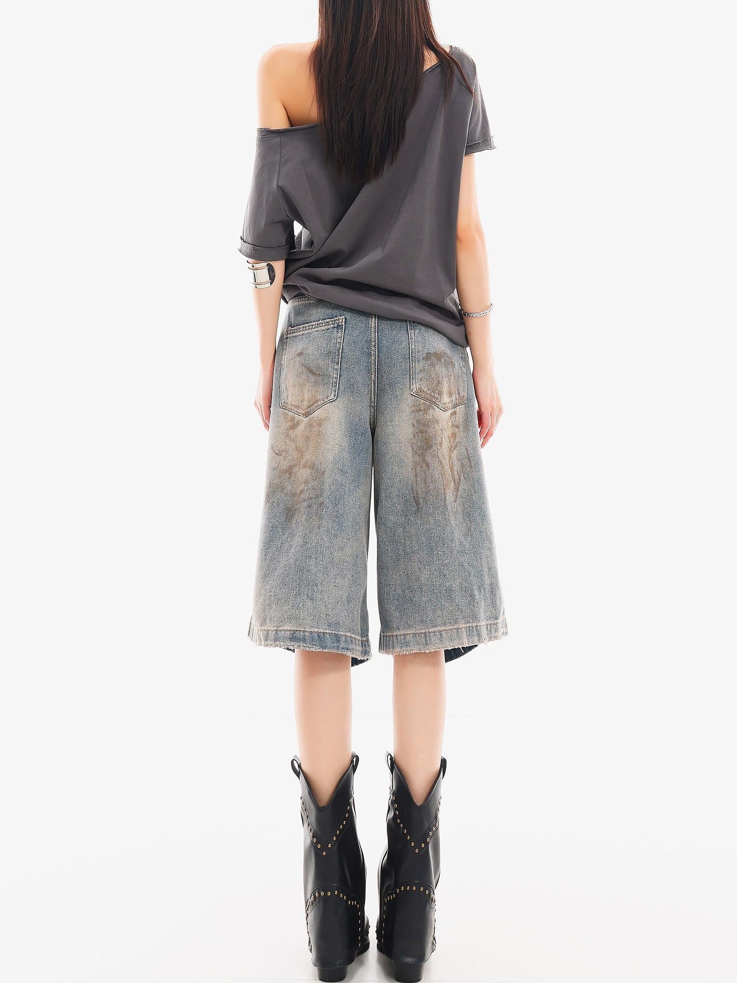 QIUQIU STUDIO Vintage Blue Graffiti Ripped Fringed Wideleg Women&