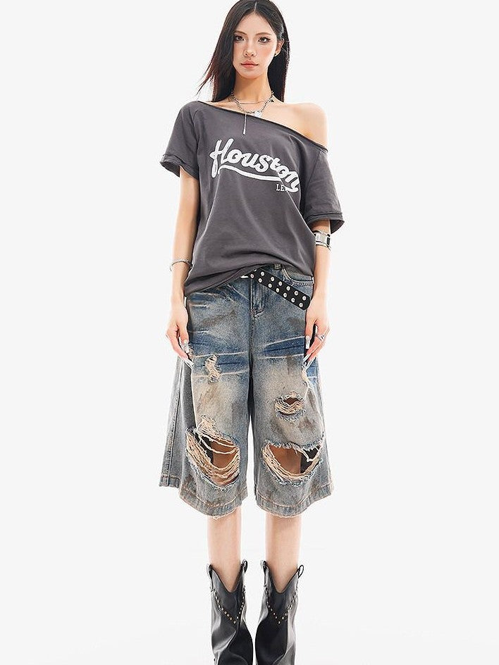 QIUQIU STUDIO Vintage Blue Graffiti Ripped Fringed Wideleg Women&