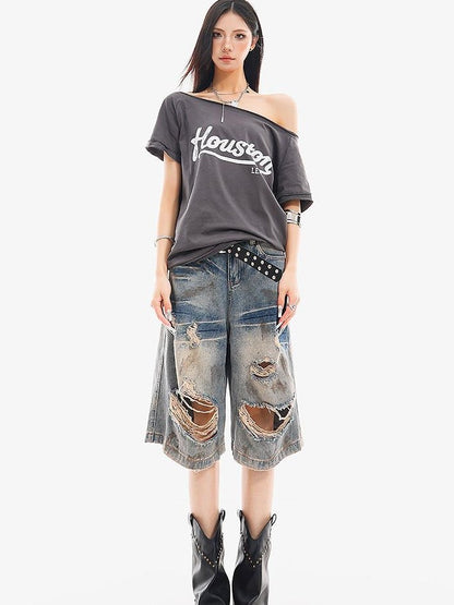 QIUQIU STUDIO Vintage Blue Graffiti Ripped Fringed Wideleg Women&