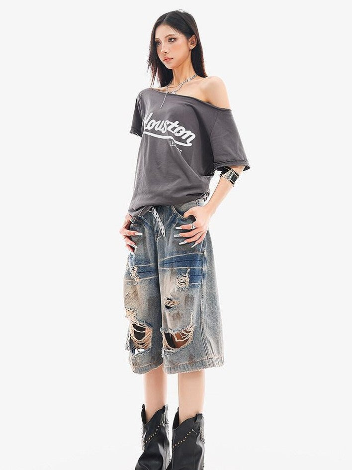 QIUQIU STUDIO Vintage Blue Graffiti Ripped Fringed Wideleg Women&