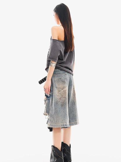 QIUQIU STUDIO Vintage Blue Graffiti Ripped Fringed Wideleg Women&