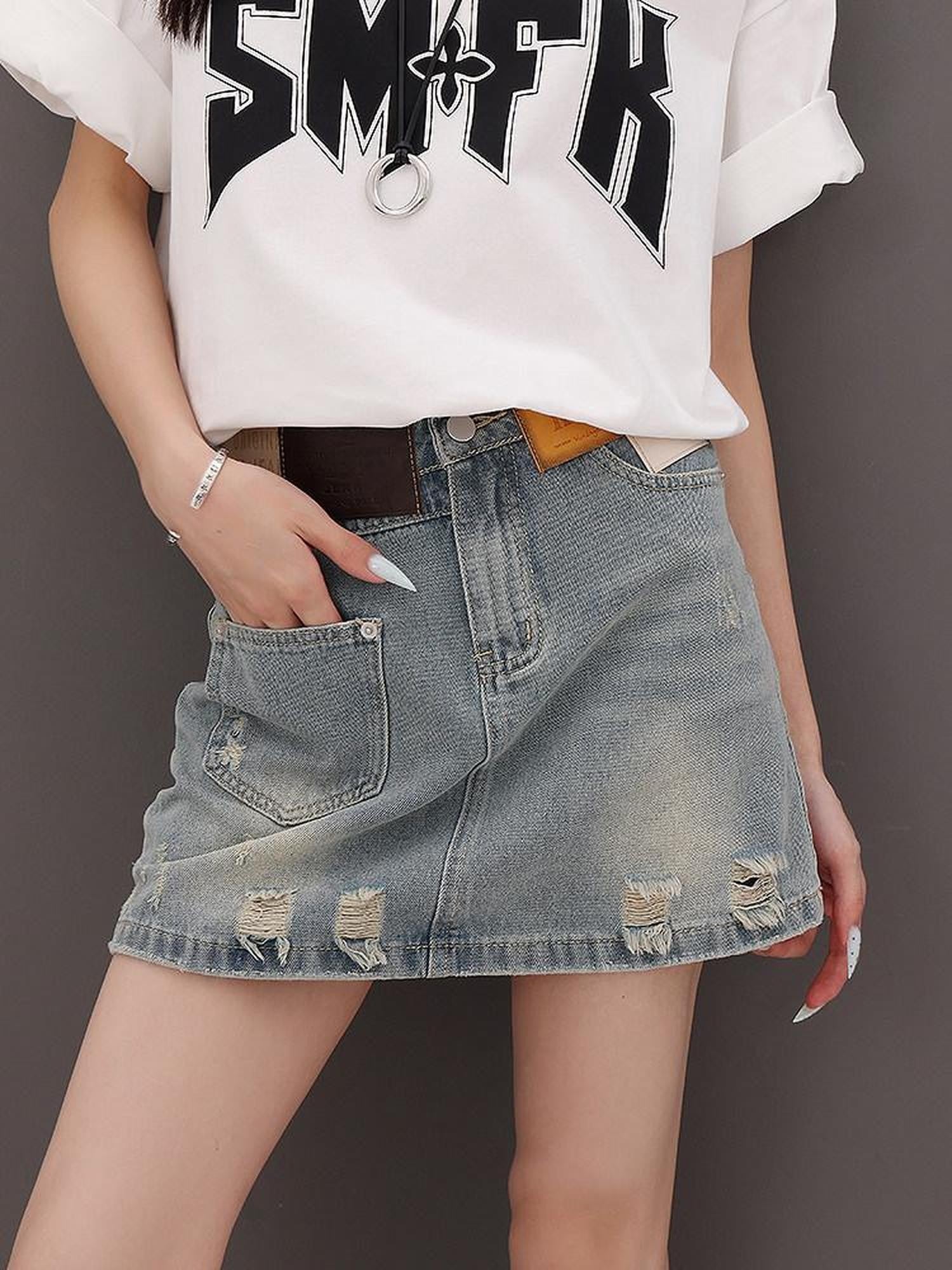 QIUQIU STUDIO Vintage Blue Ripped Fringe Distressed A Line Women&