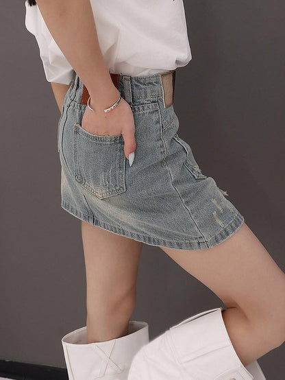 QIUQIU STUDIO Vintage Blue Ripped Fringe Distressed A Line Women&