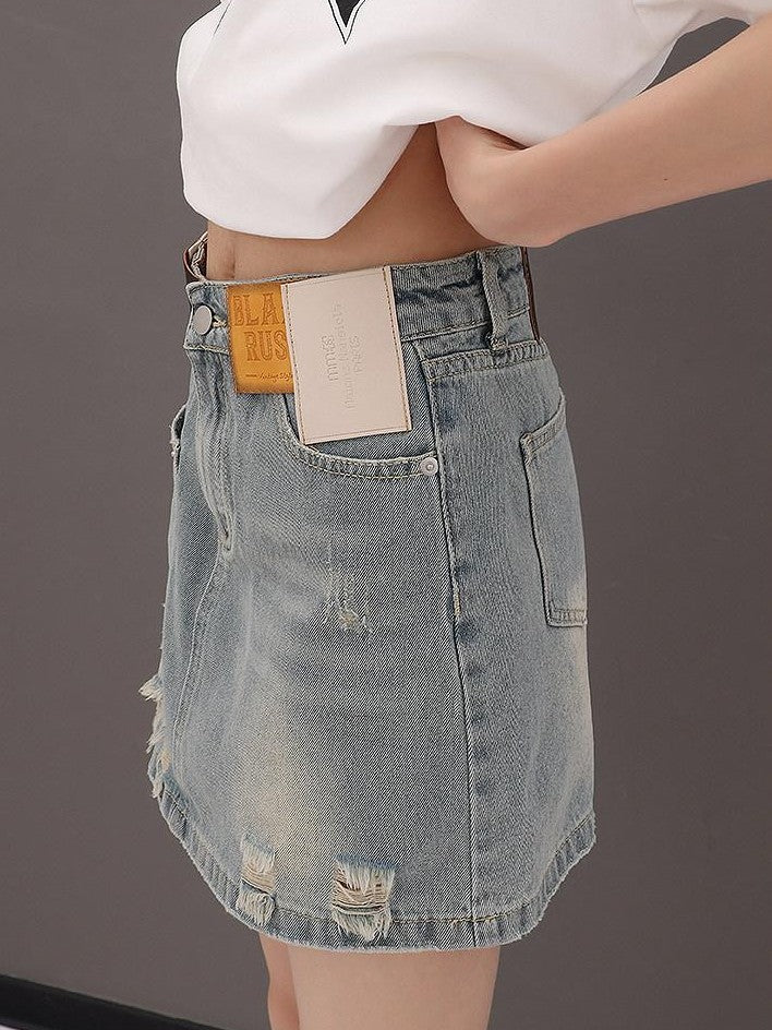 QIUQIU STUDIO Vintage Blue Ripped Fringe Distressed A Line Women&