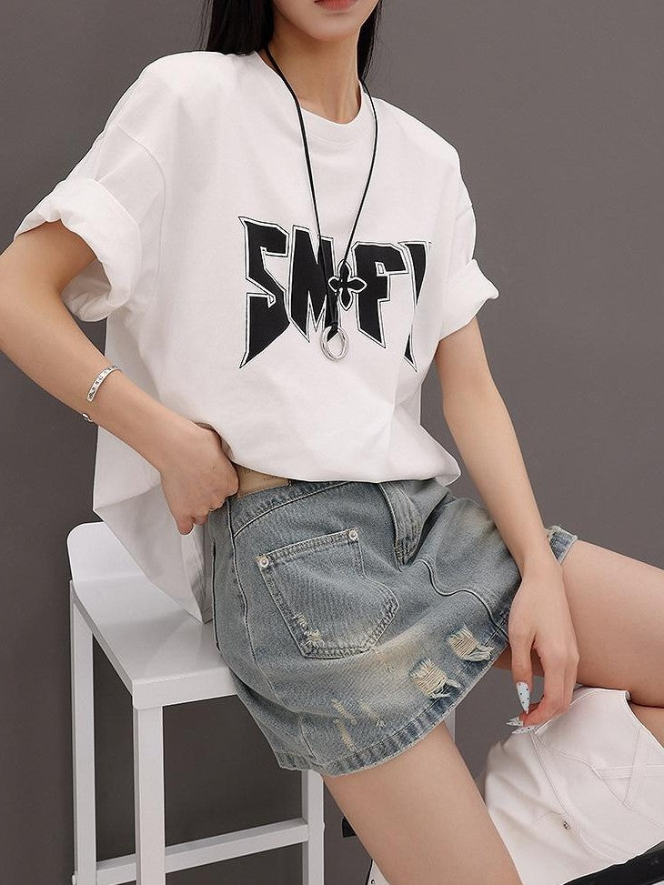 QIUQIU STUDIO Vintage Blue Ripped Fringe Distressed A Line Women&