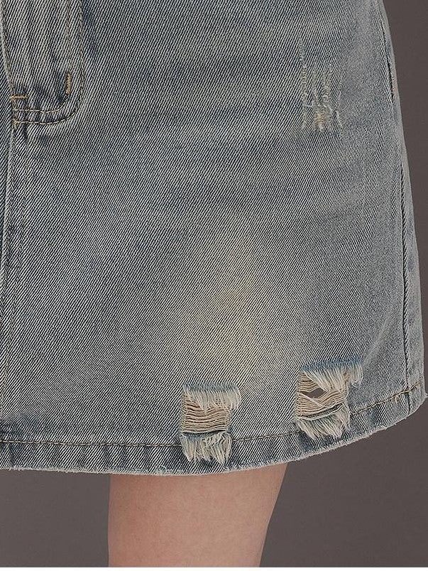 QIUQIU STUDIO Vintage Blue Ripped Fringe Distressed A Line Women&