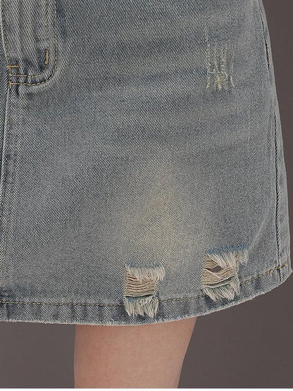 QIUQIU STUDIO Vintage Blue Ripped Fringe Distressed A Line Women&