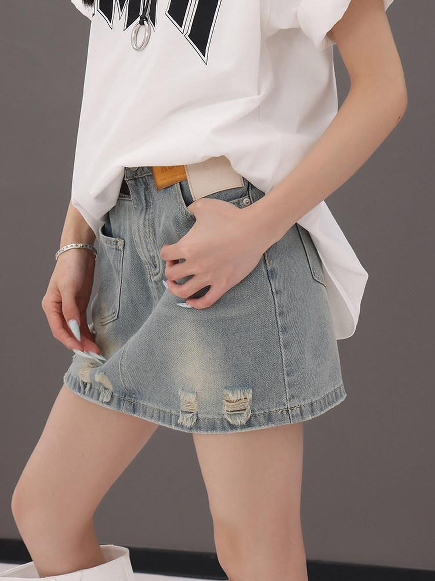 QIUQIU STUDIO Vintage Blue Ripped Fringe Distressed A Line Women&