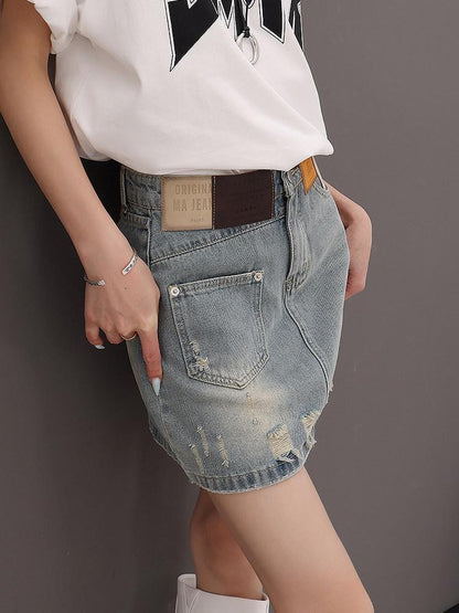 QIUQIU STUDIO Vintage Blue Ripped Fringe Distressed A Line Women&