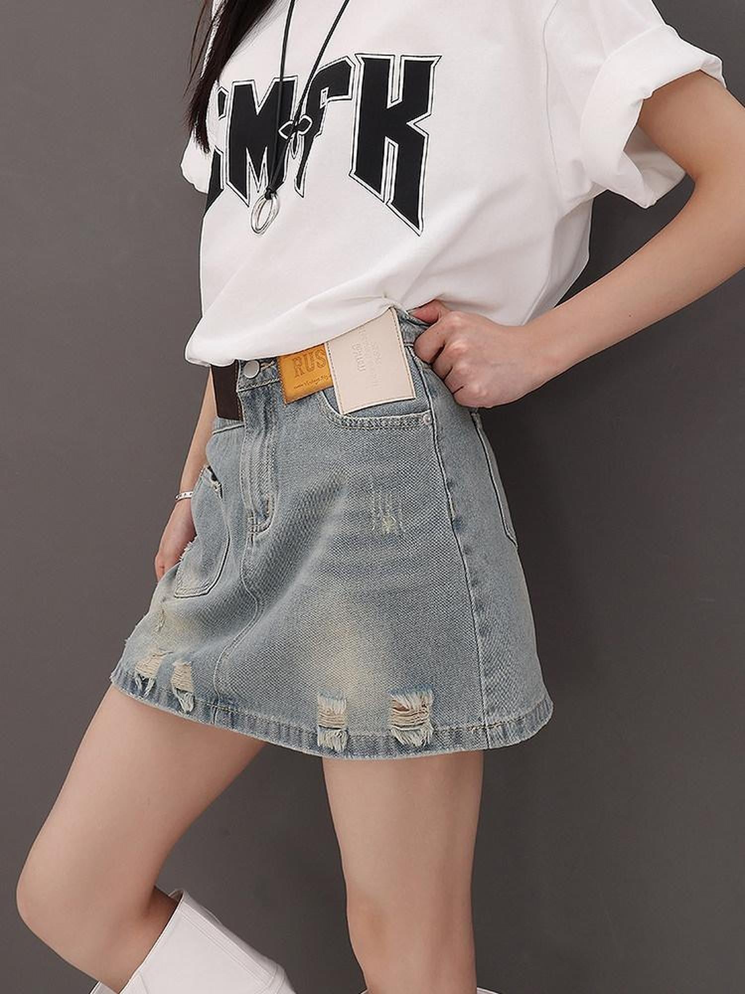 QIUQIU STUDIO Vintage Blue Ripped Fringe Distressed A Line Women&