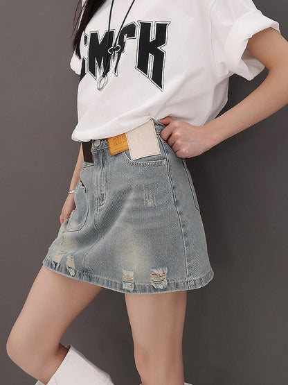 QIUQIU STUDIO Vintage Blue Ripped Fringe Distressed A Line Women&
