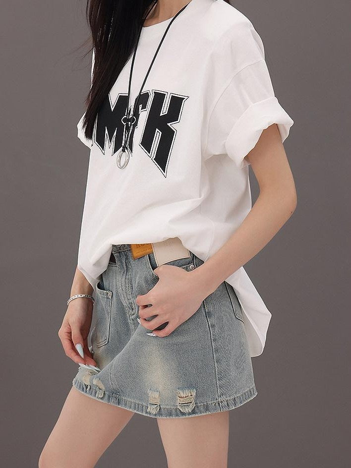 QIUQIU STUDIO Vintage Blue Ripped Fringe Distressed A Line Women&