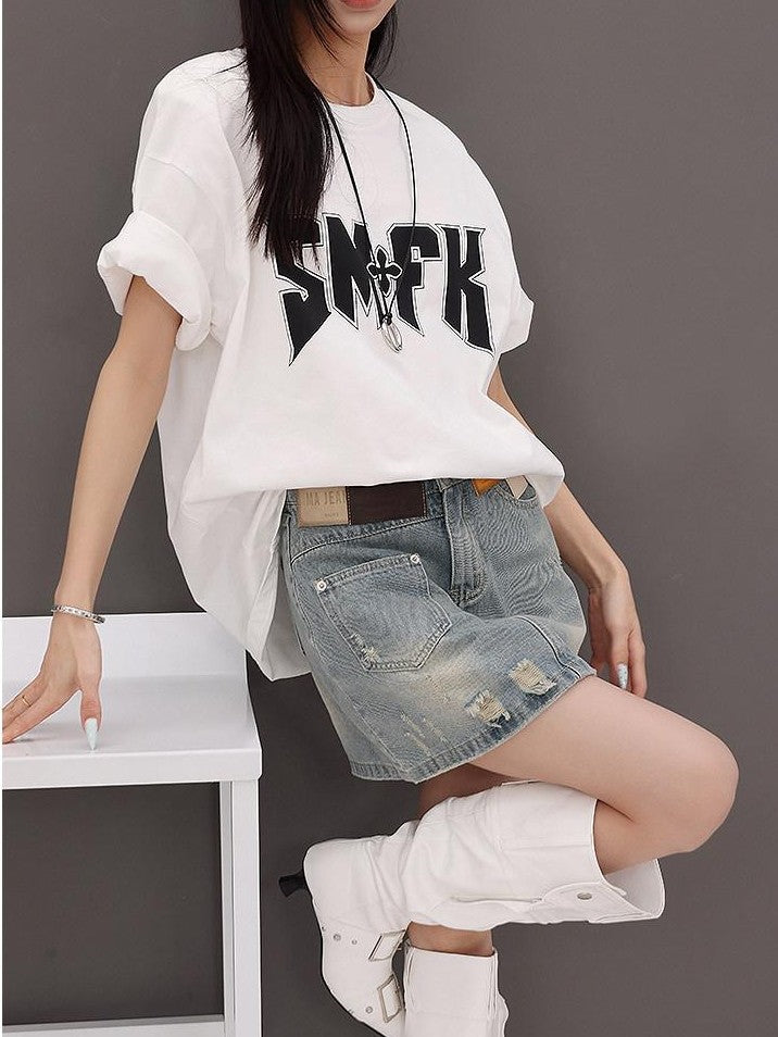 QIUQIU STUDIO Vintage Blue Ripped Fringe Distressed A Line Women&