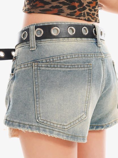 QIUQIU STUDIO Vintage Blue Ripped Zipper Fringe Natural Waist Slim Women&